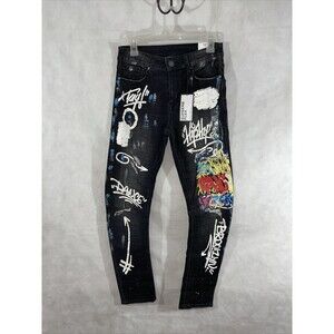 Rue 21 Supreme Flex Black Skinny Arc Graffiti Paint Jeans Size 34 X 32